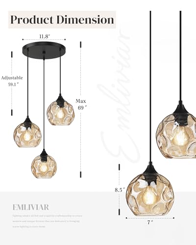 3 Light Cluster Pendant Lamp with Hammered Glass