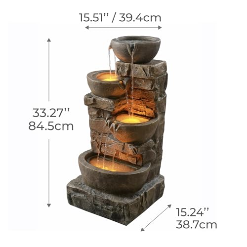 33.27" Cascading Bowls & Stacked Stones LED Water Fountain for Outdoor Living Spaces