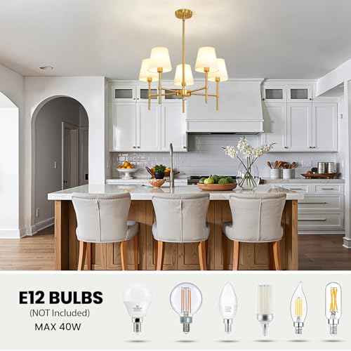 RUIYEY Dining Room Chandeliers Light - 5-Light Gold Modern Chandeliers Light Fixtures with White Fabric Shade, Height Adjustable Pendant Island Light for Entryway Farmhouse