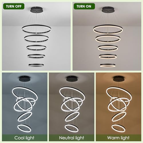 5 Rings Modern LED Chandelier Black High Ceiling Chandelier with Remote Control Dimmable Pendant Lighting for Dining Room Foyer Living Room Entryway Staircase