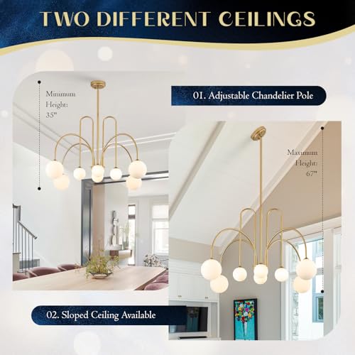Gold Sputnik Chandelier with Milk Glass Globe 8 Lights L41 Inch