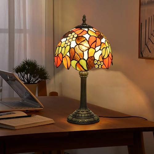 Tiffany Stained Glass Table Lamp Orange Grape Bedroom Bedside Reading Desk Light for Office Dormitory Bar Decorate Retro Style Unique Cute Accent Decor Cottage 8" Village Nightstand Lamps