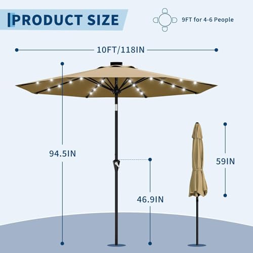 10FT Solar LED Patio Umbrella with Tilt & Crank