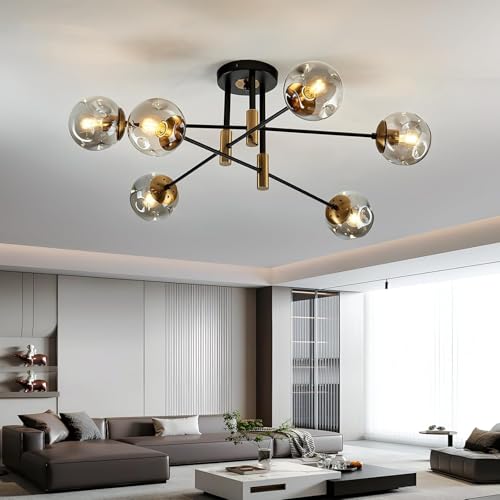 6 Light Glass Globe Sputnik Light Fixture Modern Matte Black and Gold Chandelier Semi Flush Mount Ceiling lamp for Living Room Kitchen Dining Room Farmhouse Bedroom