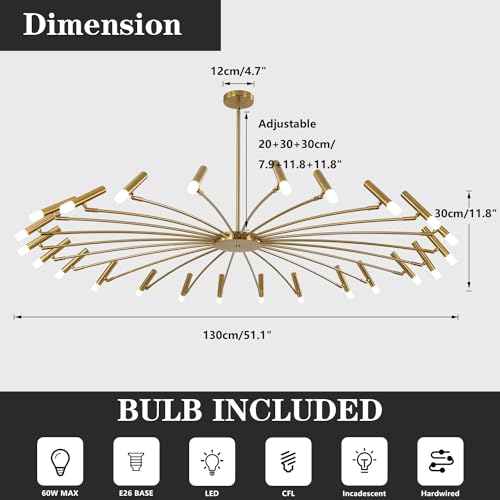 Extra Large Mid Century Modern Sputnik Chandelier Retro Sputnik Ceiling Light Fixture Brushed Brass Gold Chandeliers for Dining Room Living Room Bedroom