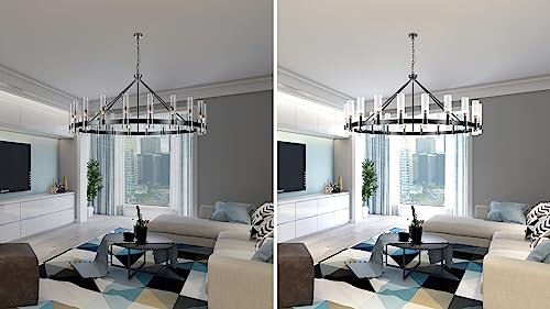 20 Lights Black Wagon Wheel Chandelier Modern Farmhouse with Glass Shade