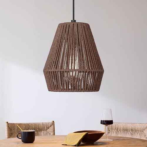 Woven Pendant Lights 7” Rustic Rattan Hanging Lamp Adjustable Handwoven Basket Shade Boho Pendant Light Fixtures for Kitchen Island Dining Room Bedroom Bar Foyer Hallway Japandi Dark Brown