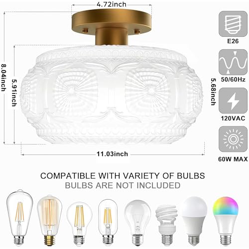 11 Inch Milk Glass Semi Flush Mount Ceiling Light Fixture