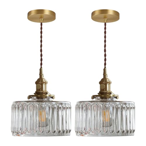 2 Pack Vintage Pendant Light Fixture Gold Pendant Lights Fixtures Clear Kitchen Island Ceiling Hanging Light Round Striped Glass Shade Farmhouse Antique Brass Hanging Pendant Lights