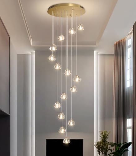 LED Glam Chandelier 118 inches Long Light Luxury Crystal Ceiling Chandeliers Remote Dimmable High Ceiling Pendants Lighting Fixtures Antique Gold 15 Lights