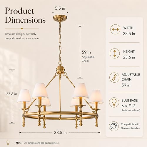 34" Brass Pleated Fabric Chandelier