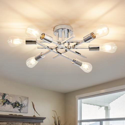 6 Lights Semi Flush Mount Ceiling Light Fixture Modern Chrome Matte Sputnik Chandelier Farmhouse Ceiling Lighting for Kitchen Bedroom Dining Room Living Room