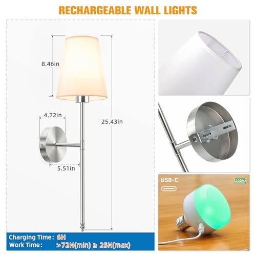 25.4 inch Brushed Nickel Battery Operated Wall Sconce Set of 2 (2 Count)