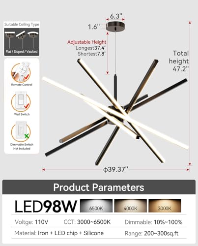 Modern Sputnik Chandelier Ceiling LED Black Pendant Light Embedded Mount Chandeliers Dining Room Light Fixtures Over Table Dimmable with Remote Control for Living Room Kitchen Bedroom