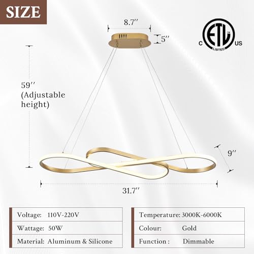 Modern LED Chandelier Gold Dimmable LED Pendant Light for Dining Room Light Fixture Over Table Modern Kitchen Island Lighting High Ceiling with Remote for Living Room
