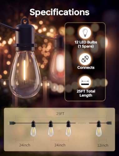 25FT Outdoor String Lights Waterproof with 12+1L Shatterproof LED Bulbs (12 Count)