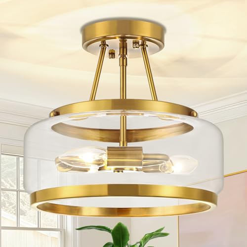 Gold Semi Flush Mount Ceiling Light Modern Glass Drum Ceiling Light Fixture