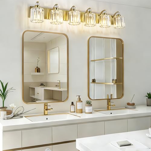 6 Lights Brushed Brass Bathroom Light Fixture Gold Vanity Lights Modern Crystal Bathroom Vanity Lighting Over Mirror Wall Sconce with K9 Crystal Shade E26 Base for Living Room