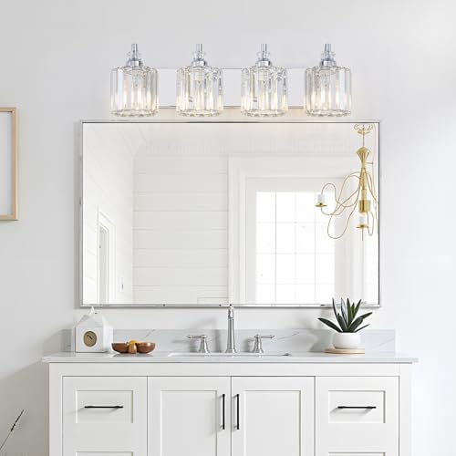 4 Light Modern Bathroom Light Fixture Chrome Bathroom Vanity Lights Over Mirror Wall Sconce Lighting with K9 Crystal Shades E26 Base for Bedroom