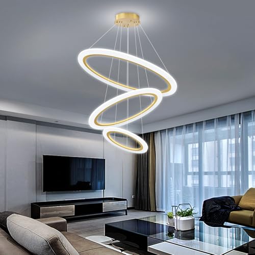 Modern LED Chandelier 3 Ring Chandelier for Dining Room Living Room Pendant Lighting High Ceiling Hanging Light Fixture for Bedroom Foyer Gold