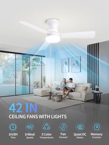 42 Inch White Low Profile Ceiling Fan with Light and Remote (White-3 / 42 Inch)