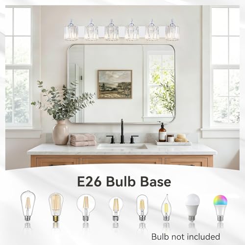 6 Light Modern Bathroom Light Fixture Chrome Bathroom Vanity Lights Over Mirror Wall Sconce Lighting with K9 Crystal Shades E26 Base for Bedroom