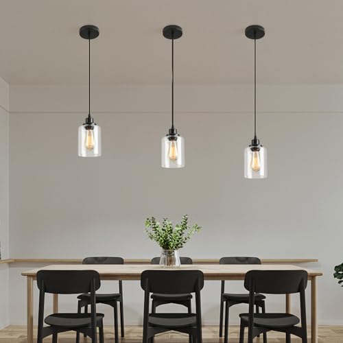 3 Lights Industrial Pendant Light with Glass Shade Matte Black Pendant Lighting Adjustable Industrial Retro Style Hanging Light (3 Count)