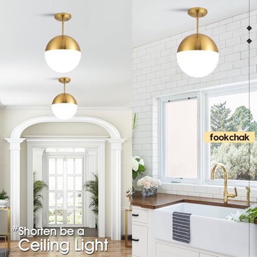 10in Glass Gold Pendant Light Globe Mid Century Modern Kitchen Island Pendant Lighting Brass Frosted Glass Hanging Light Fixtures Milky White Ball Pendant Lights for Dining Room Entry Bathroom