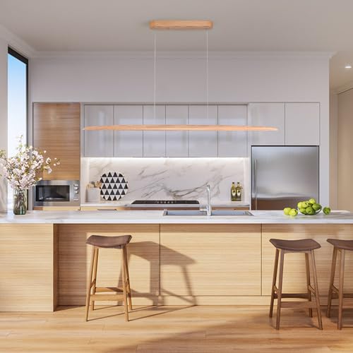 71" 40W Wood LED Linear Pendant Light Fixture Led Dining Room Light Dimmable Hanging Light Fixture for Dining Room Kitchen Island Pool Table Lights Natural Ash