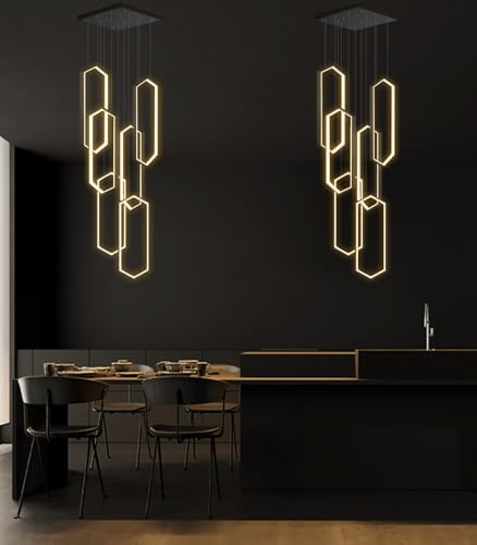 6 Rings Modern Chandelier LED Dimmable Pendant Lighting Adjust Flush Mount Ceiling Light for Foyer Lobby Living Room Staircaes Black