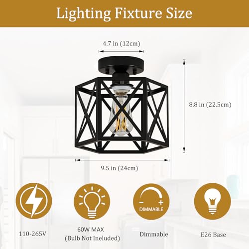 Black Modern Farmhouse Metal Semi Flush Mount Ceiling Light Fixture 9.5 in