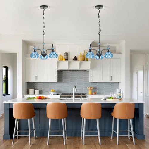 Blue 3 Light Pendant Light Fixtures Black Lights Victorian Vintage Celing Pendant Fixtures for Kitchen Island Bedroom Restrant