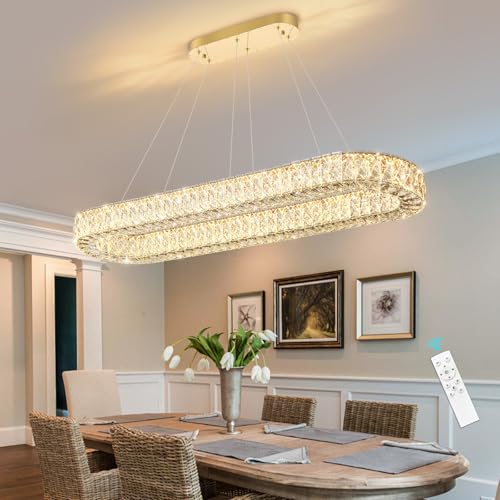 Modern Oval Chandelier Rectangular K9 Crystal Chandeliers for Dining Room Dimmable LED Light Fixture with Remote for Living Room Kitchen Light Gold