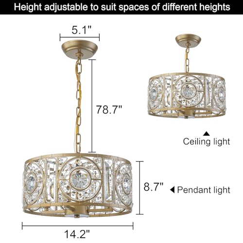 Vintage Crystal Round Chandelier 14.17" Gold Dining Room Chandelier Over Table 4