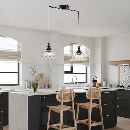 2 Light Pendant Light Fixtures Modern Glass Hanging Lights with Adjustable Cord for Kitchen Island Dining Room Living Room Hallway Black and Clear