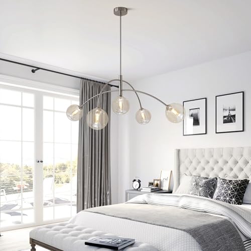 Mid Century Modern Sputnik Chandelier with Glass Globe Cognac Shade Adjustable 5 Light Silver Chandelier for Dining Room Kitchen Bedroom
