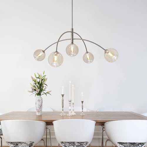 Mid Century Modern Sputnik Chandelier with Glass Globe Cognac Shade Adjustable 5 Light Silver Chandelier for Dining Room Kitchen Bedroom