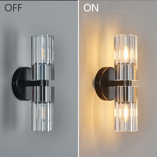 Modern Black Wall Sconces Set of Two Bedroom Crystal Wall Sconces Indoor Sconces Wall Lighting Living Room Sconces with K9 Crystal Lampshade for Bathroom Hallway Entryway Stairway (2 Count)