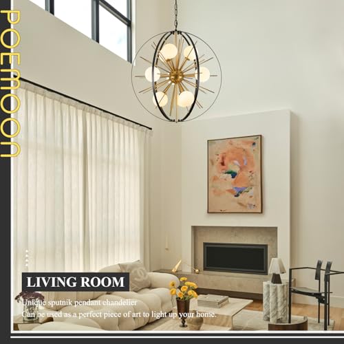24" 9 Light Black Gold Sputnik Chandelier with Milk Glass Shade