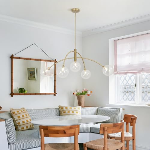 5 Light Modern Brass Chandelier Fixture White Clear Globe Glass Shade Pendant Light Gold Kitchen Ceiling Large Chandelier for Dining Room Kitchen Bedroom
