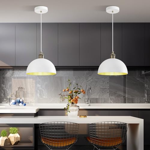 Vintage Industrial Pendant Light 9.84" Farmhous Dome Pendant Light White and Gold Finish Lighting lamp line Length 78.74" Kitchen Island