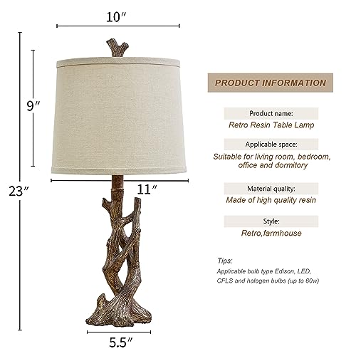 23" Rustic Farmhouse Table Lamp Country Cottage Lamps for Nightstand Tree Trunk Wood Grain Lamp for Bedroom Living Room with Oatmeal Fabric Round Shade Resin Bedside Lamp (2 Count)