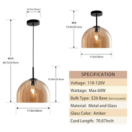Amber Ribbed Glass Pendant Light Kitchen Island 11.8Inch Black Hanging Lamp