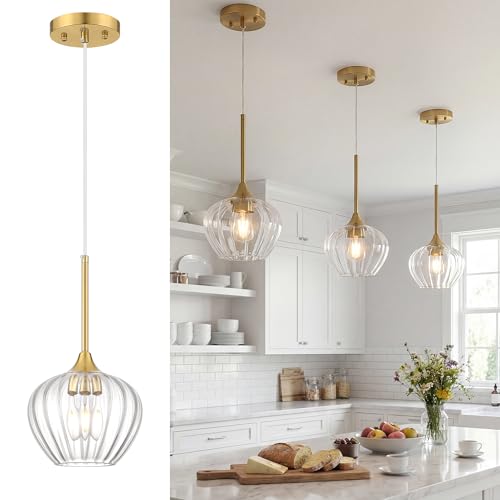 Brushed Gold Pendant Lights Kitchen Island with Ribbed Glass Shade