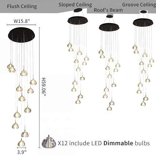 Modern LED High Ceiling Chandelier,12-Light Fixture Crystal Hanging Lamp Dining Room Dimmable Adjustable Luxury Pendant Lights for Living Dinning Room Hallway Foyer Staircase Entryway