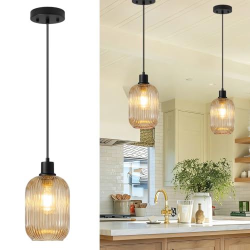 2 Pack Pendant Lights with Vintage Amber Ribbed Glass Lampshade (2 Count)