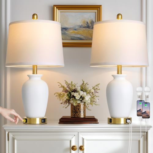 Set of 2 White Ceramic Modern Table Lamps with Ginger Jar Design