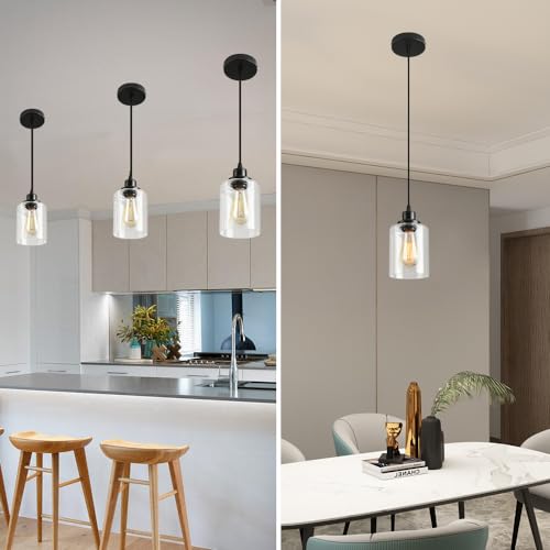 3 Lights Industrial Pendant Light with Glass Shade Matte Black Pendant Lighting Adjustable Industrial Retro Style Hanging Light (3 Count)
