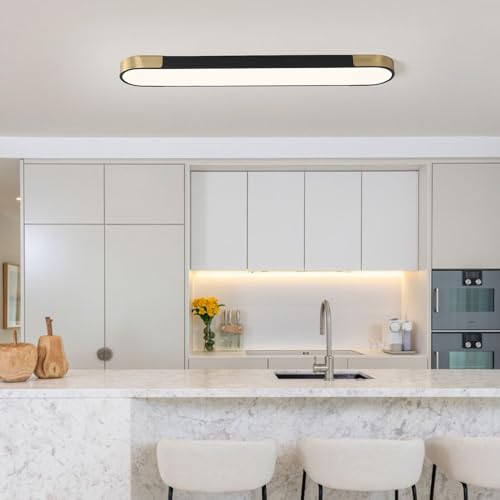 4FT LED Light Fixture 60W Dimmable Led Ceiling Light Black and Gold Flush Mount Ceiling Light Modern Light Fixtures Ceiling for Kitchen Closet Garage Office Hallway