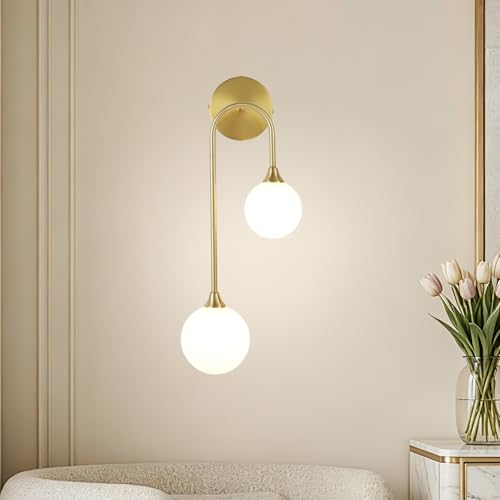 Mid Century Modern Wall Sconce Brushed Gold Milk Glass Sconces with Double Ball Hardwired Wall Light for Bedside Bedroom Bathroom Living Room Corridor G9 Base